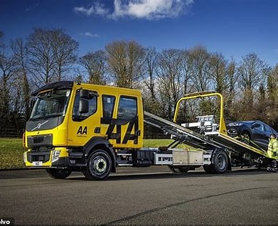 AA recovery lorry loading a car onto its ramp during a vehicle recovery AA recovery lorry loading a car onto its ramp during a vehicle recovery